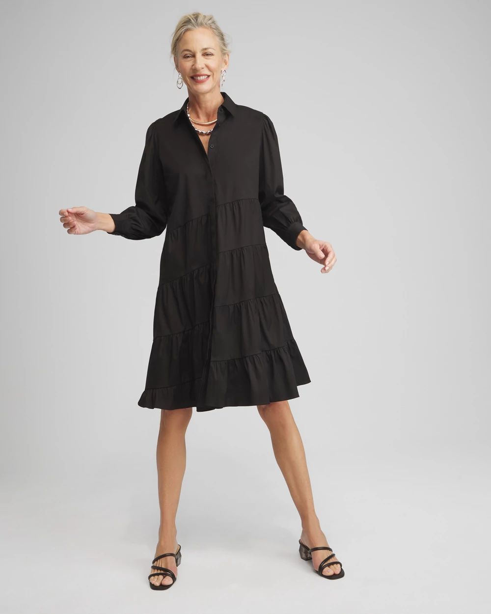 ★ ★ Poplin Tiered Shirt Dress T22F3TDR091WT10 Poplin Asymmetrical Tiered Shirt Dress | Chico's